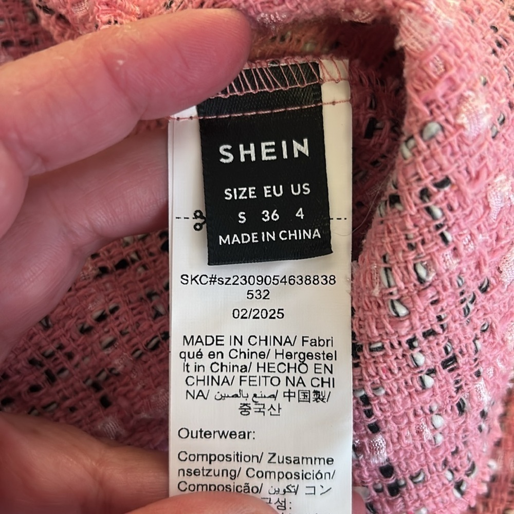 Shein Pink Black & White Tweed Business Career Classic Blazer Jacket Size Small - Picture 7 of 8